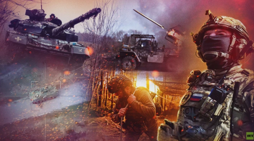 Collage of Russian military equipment and soldiers from RT