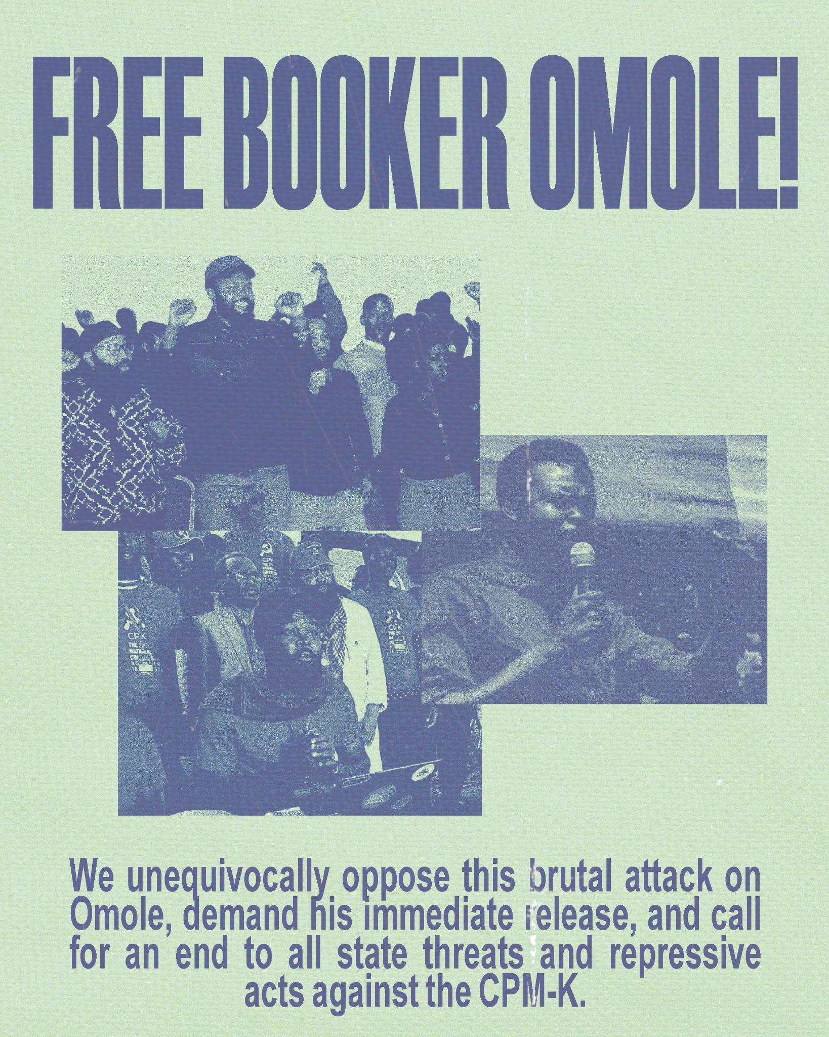 Text: Free Booker Omele. Three pictures of Booker on a light green background